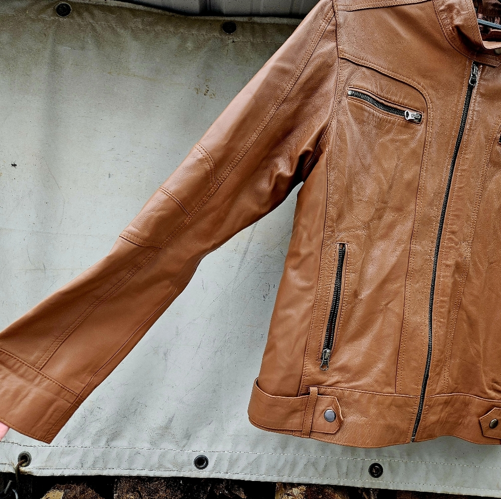 Classic Tan Cognac Supple LAMBSKIN Leather Biker Jacket MOTO size XXL Unisex - Picture 2 of 8